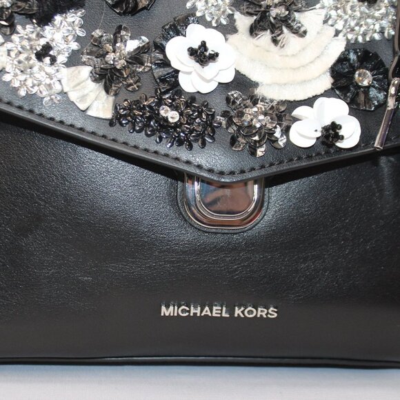 Michael Kors Black Sequined Floral Applique Bristol Small Top Handle Satchel - Picture 6 of 14